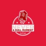 Red logo with microphone for the podcast Never a Dull Moment with Freddy's CEO Chris Dull